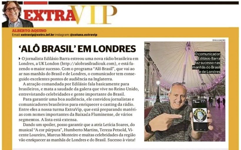 Reprodução de página de coluna de jornal sobre a estreia de uma rádio brasileira em Londres, em fevereiro de 2022