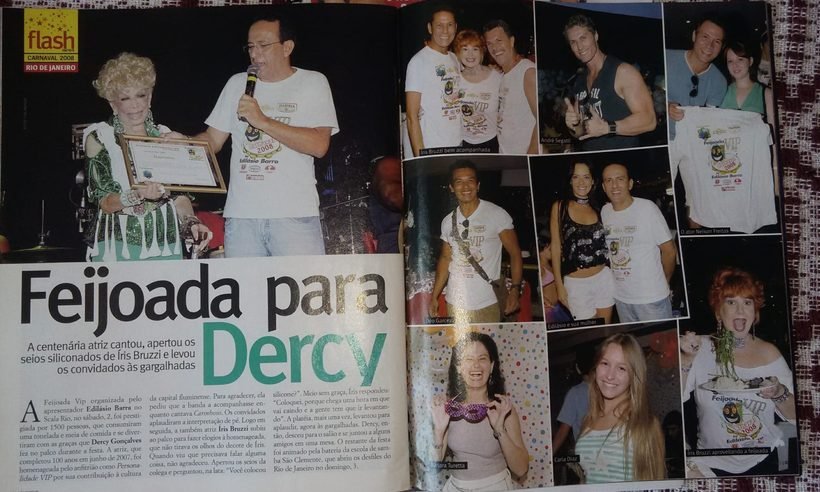 Página da revista Flash News, Carnaval 2008, sobre a Feijoada VIP em que Dercy Gonçalves recebeu o título de Personalidade VIP