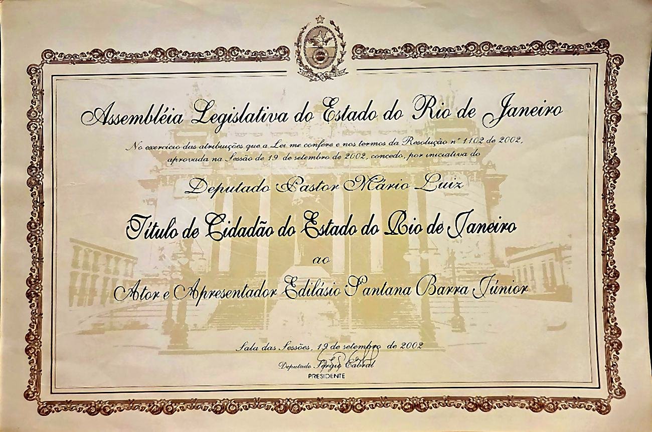 Título de Cidadão do Estado do Rio de Janeiro concedido pela ALERJ, 19 de setembro de 2002